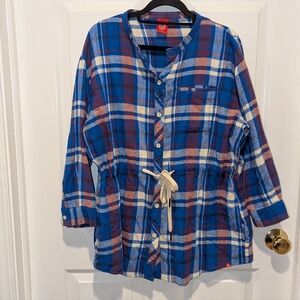 Red White & Blue Flannel 100% Cotton Plaid Cinched Waist Tunic Top - EMS Large